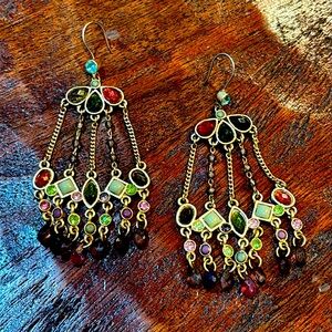 Chandelier dangling bead earrings in green and ruby tones.